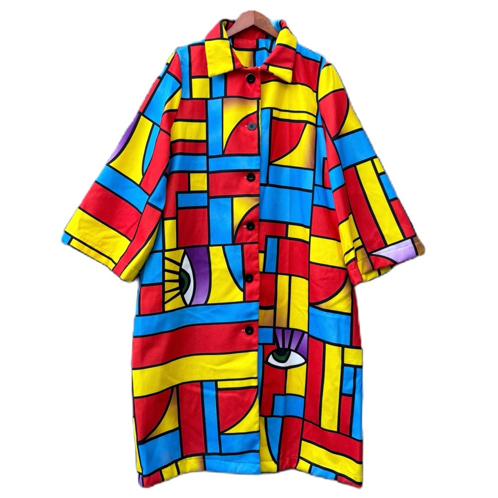 Rare Vintage Colorful Abstract Geometric Eyeball Long Maxi Button Trench Coat